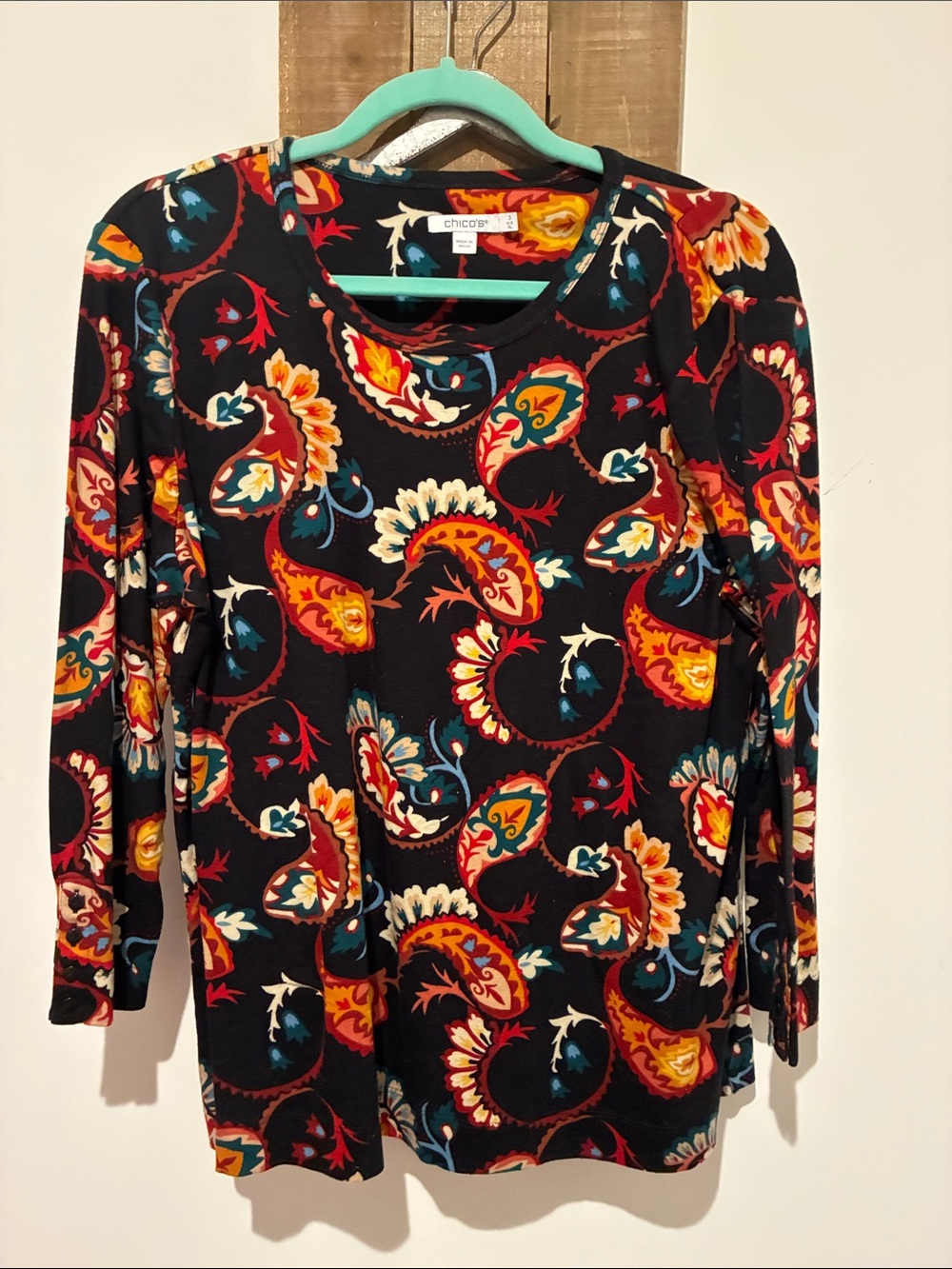 Chico's Black Paisley-Print Long Sleeve Tee with Red, Orange & Teal Accents